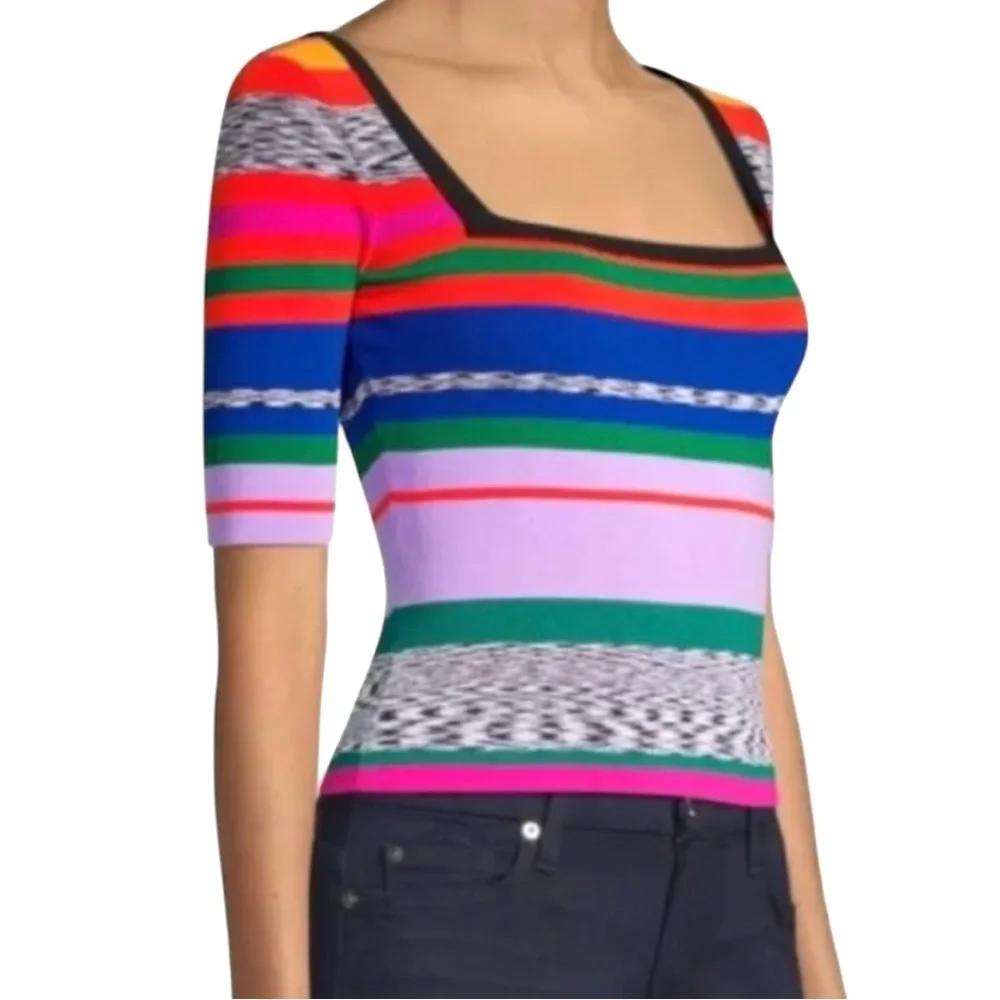 MILLY Rainbow Stripe Square Neck Knit Top ASO Ali Fisher Preppy Academia Sporty - Picture 6 of 17